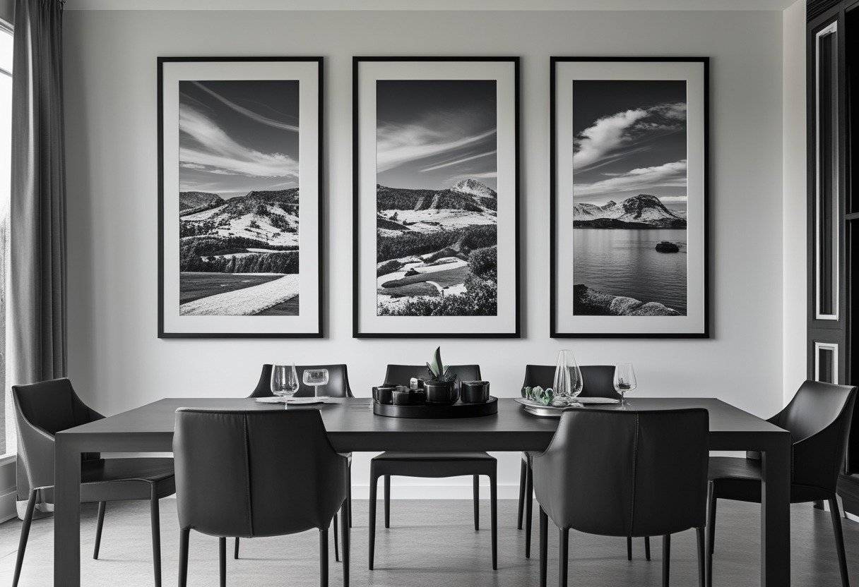 A dining room with a table and chairs beneath three black-framed black and white photographs on the wall.