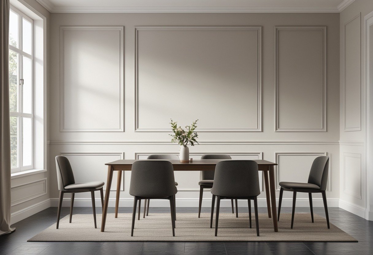 Dining room with wainscoted walls, a wooden table, chairs, and natural light coming through windows.