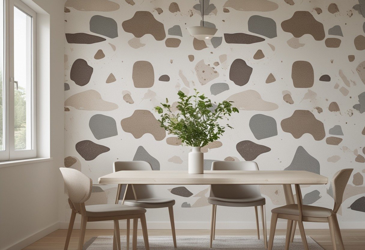 Dining room with a wooden table, chairs, and a wall covered in patterned wallpaper featuring large terrazzo shapes.