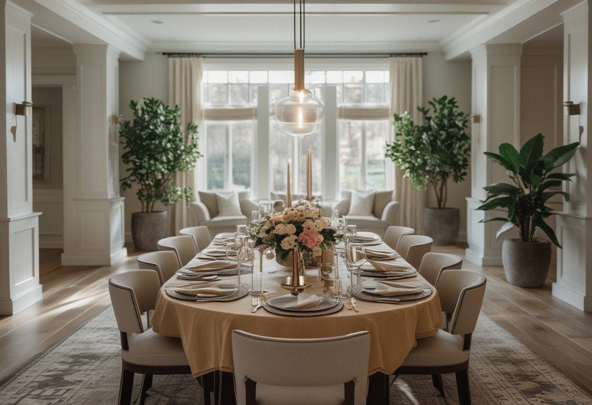A dining room with a large round table set for ten people, decorated with flowers, candles, and tableware, surrounded by chairs and lit by natural light.