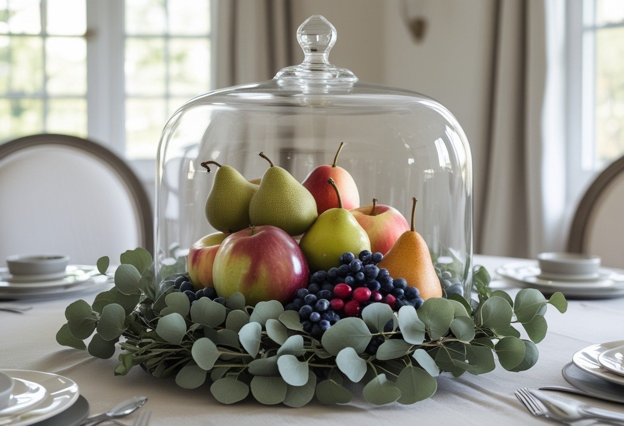 Glass cloche on a round dining table containing seasonal fruits and eucalyptus sprigs in a bright dining room.
