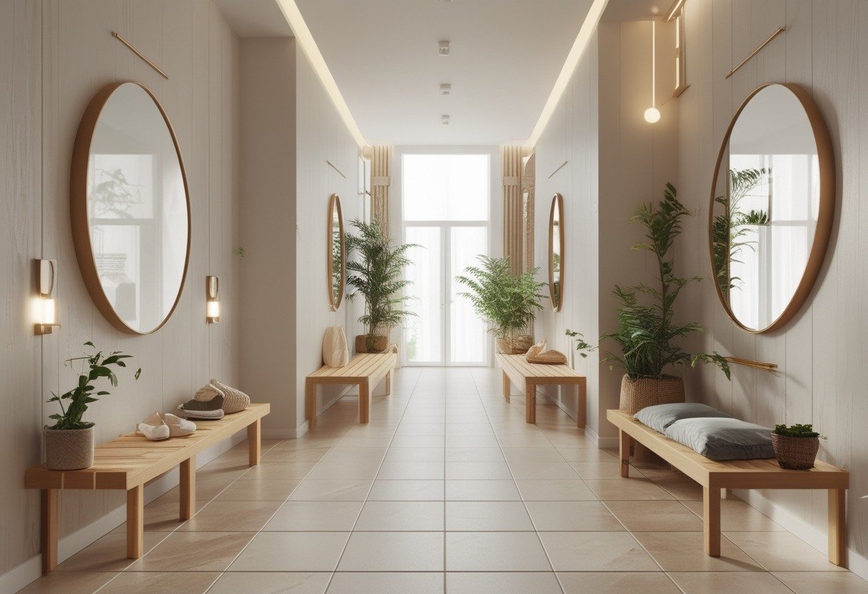 A collection of 10 small entrance hallways featuring benches, coat racks, mirrors, plants, and storage in bright, clean interior spaces.
