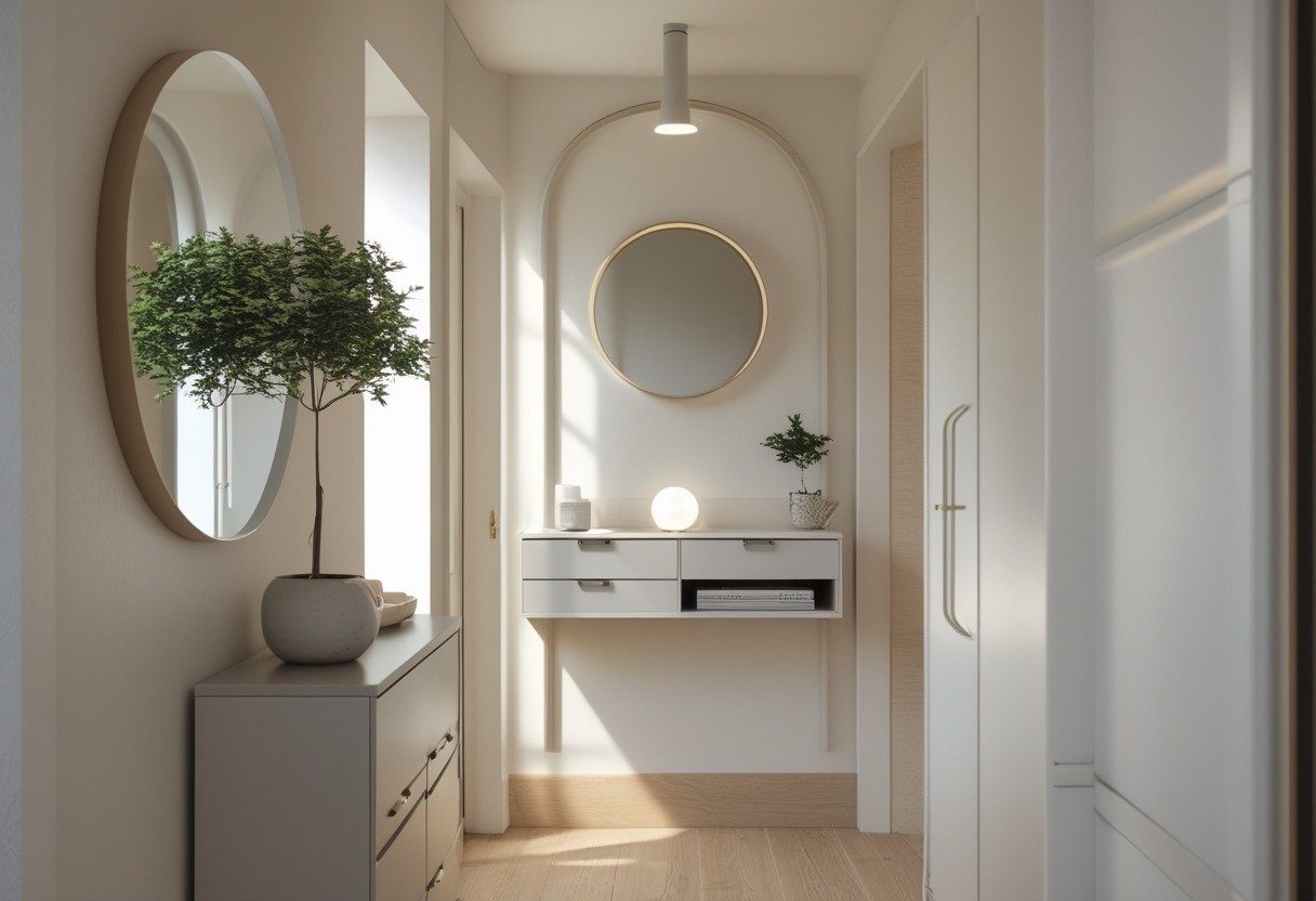 A small entrance hallway with a slim wall-mounted console featuring hidden drawers, a round mirror above it, and a potted plant on top.
