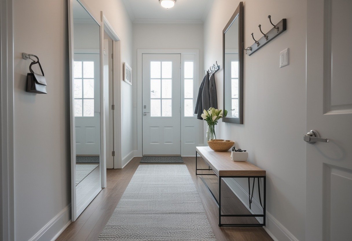 A small hallway entrance with a full-length mirror reflecting light to make the space appear larger, featuring a bench, a rug, and a few coats hanging on a wall rack.
