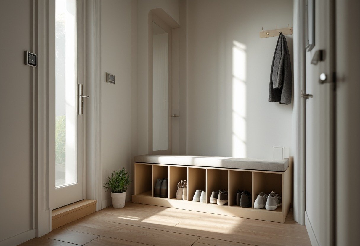 Narrow hallway with a bench that has shoe storage underneath, showing organized shoes and a small potted plant nearby.
