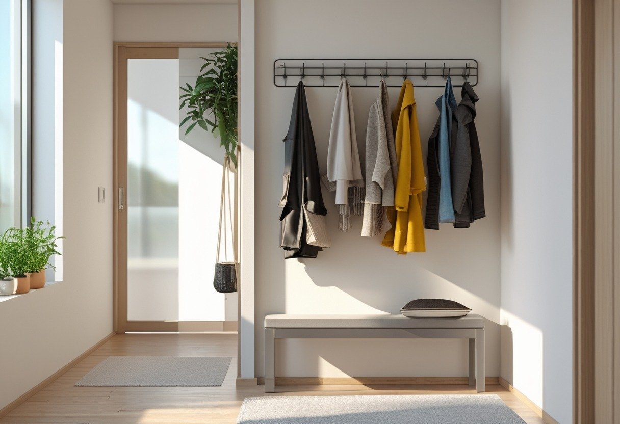 Small entrance hall with a vertical peg rail holding coats and bags, a wooden floor, a bench, and a potted plant.