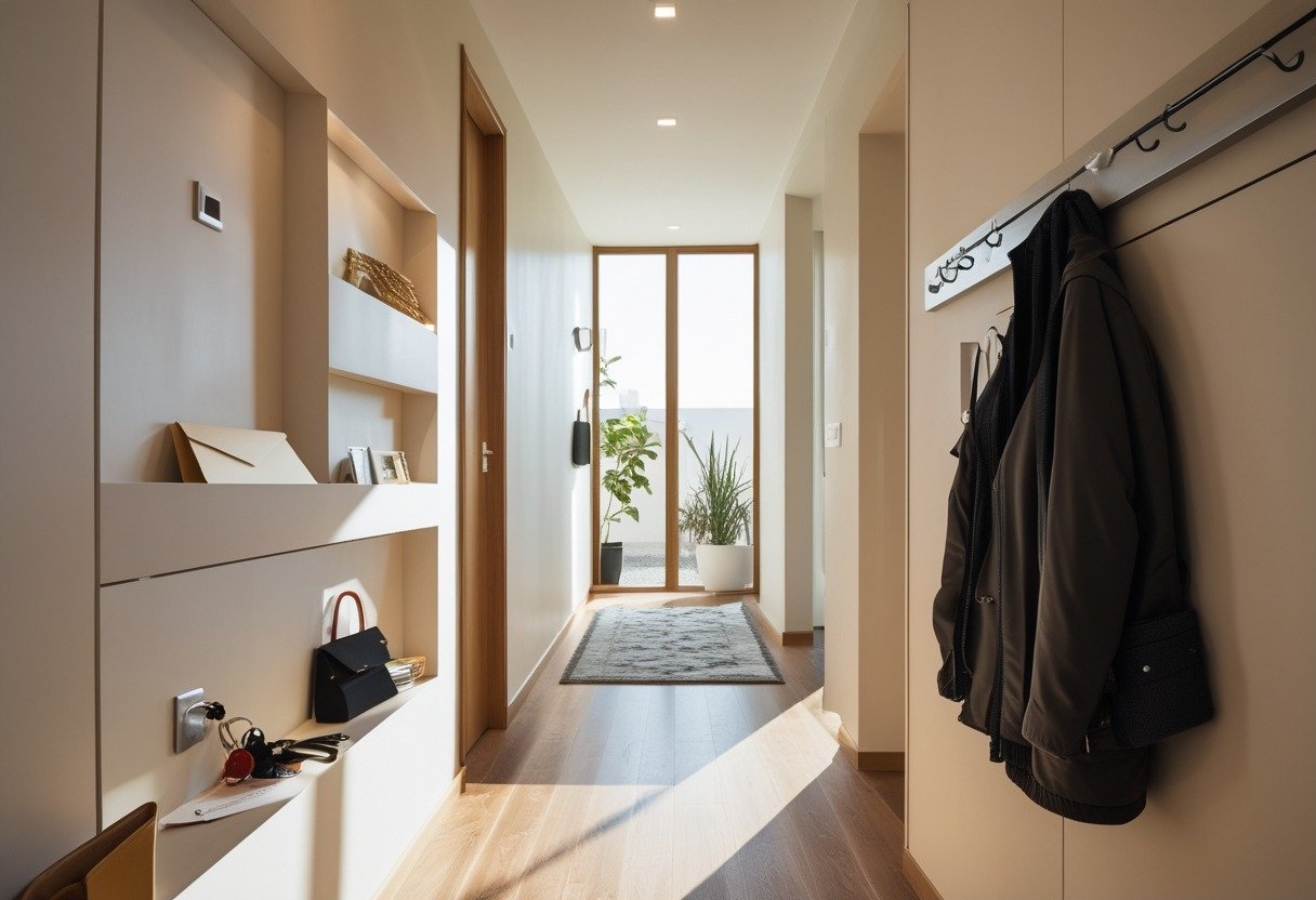 A small hallway entrance with recessed floating shelves holding keys and mail, a coat rack with a jacket, and natural light coming through a window.