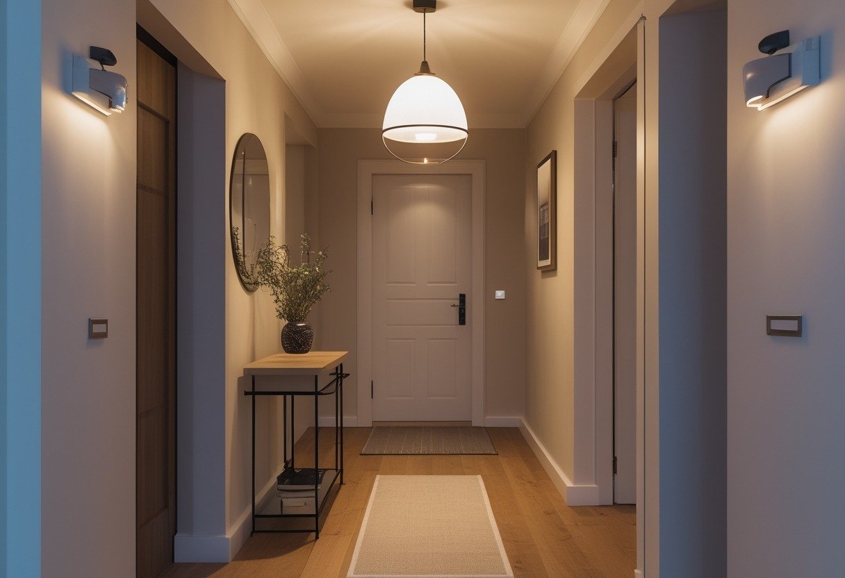 Small entrance hallway with an overhead pendant light emitting warm light, wooden floor, and a console table with a vase and mirror.