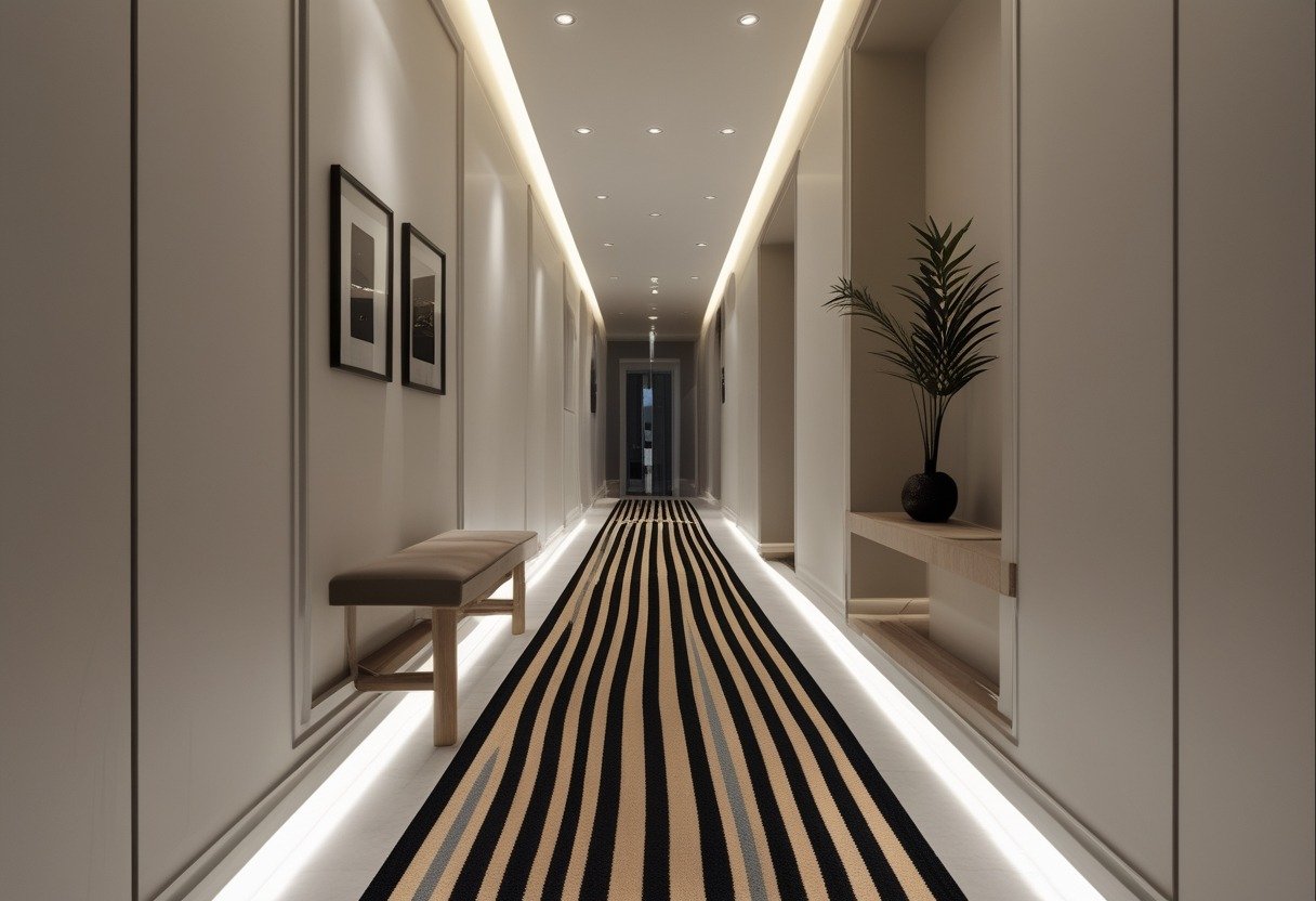A narrow entrance hallway with a striped runner rug extending along the floor and simple decor on the sides.
