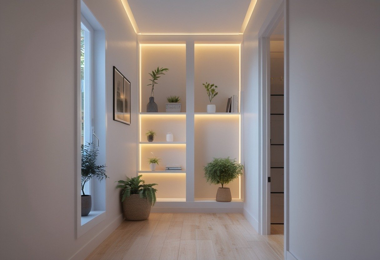 A small hallway entrance with built-in cubby niches illuminated by warm backlighting, decorated with plants and vases.