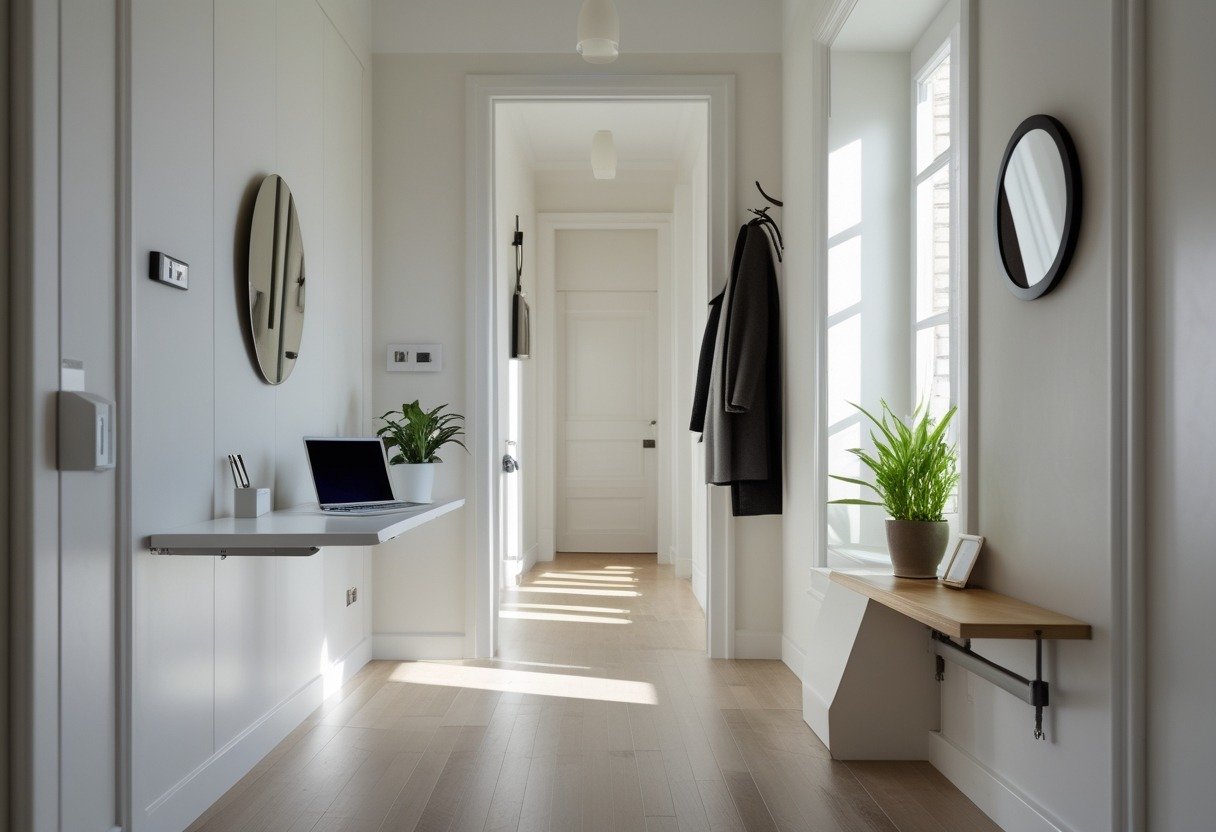 A small hallway with a fold-down wall-mounted desk set up for work, featuring a laptop and a plant, with a coat rack and mirror nearby.