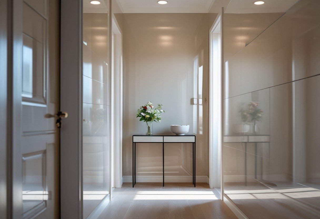 A small entrance hallway with a console table, decorative items, and light reflecting off smooth painted walls.