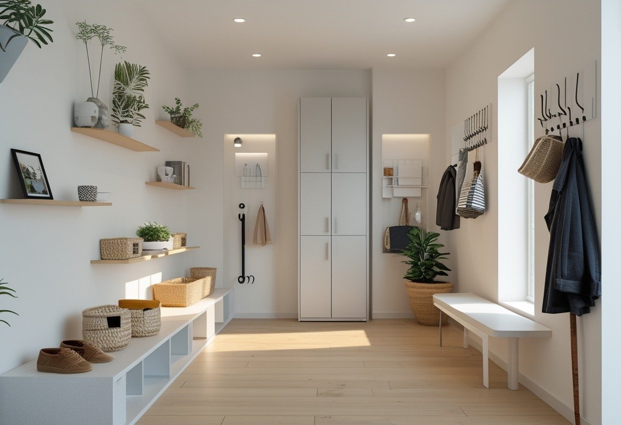 A hallway showcasing twelve different small storage solutions including shelves, hooks, a bench with cubbies, cabinets, and organizers.