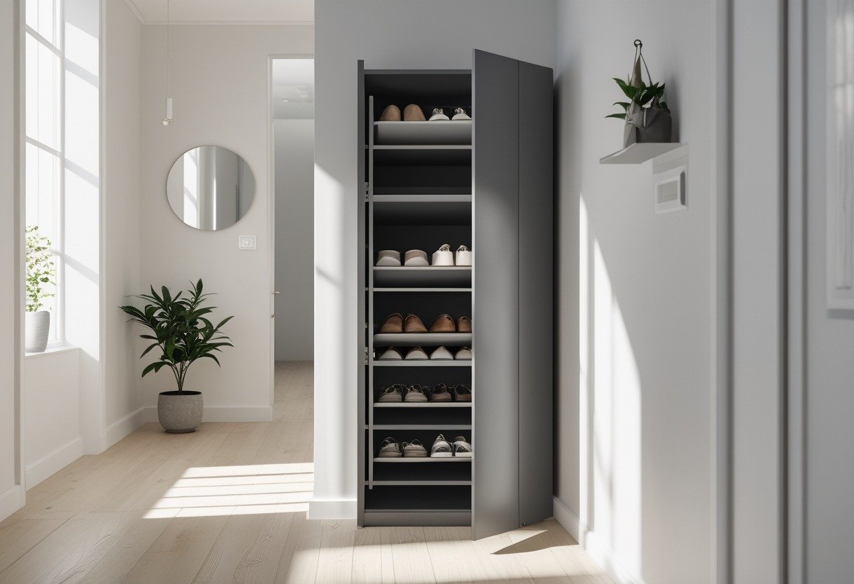 A slim shoe cabinet with pull-out trays holding shoes in a bright, tidy hallway.