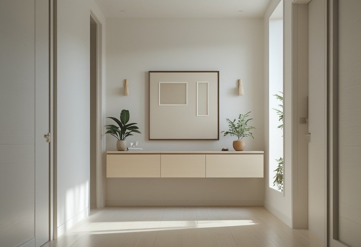A hallway with a wall-mounted floating console featuring hidden drawers and minimal decor.