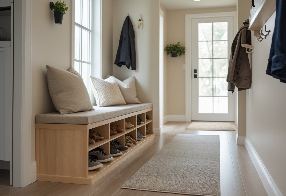 A small hallway with a built-in bench and cubby shoe storage underneath, featuring shoes neatly organized and a few jackets hanging on a coat rack.