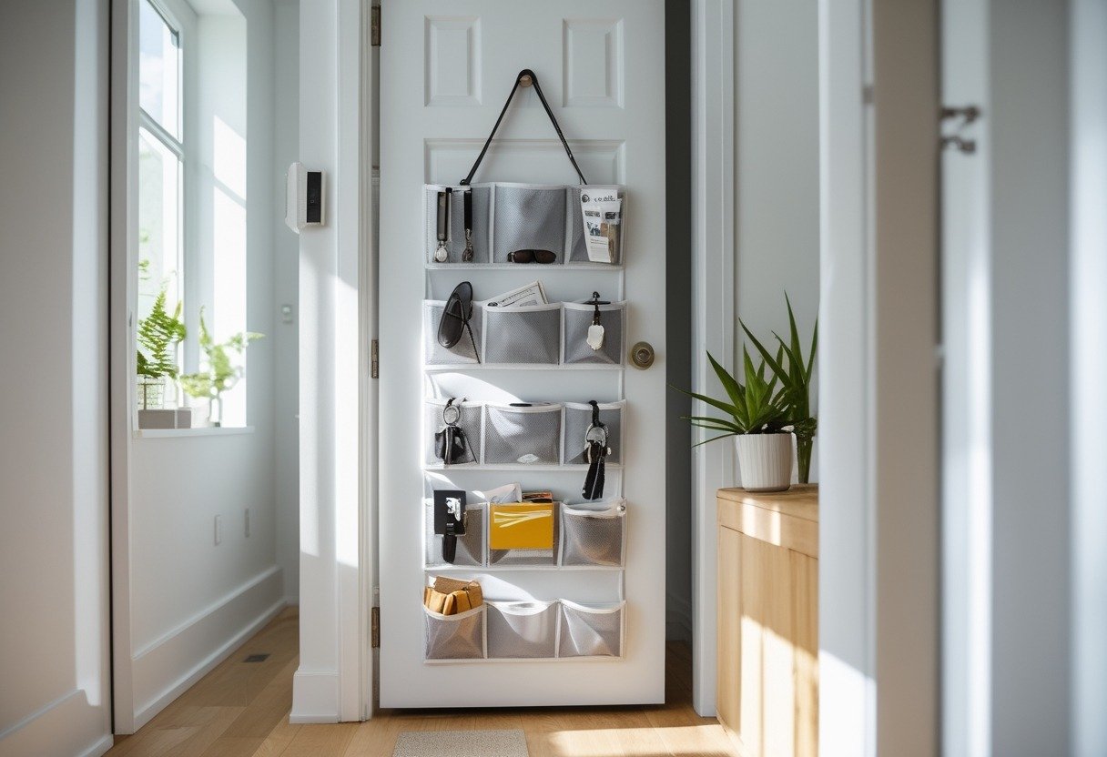 Over-the-door organizer with clear pockets holding small items hanging on a white door in a bright hallway.