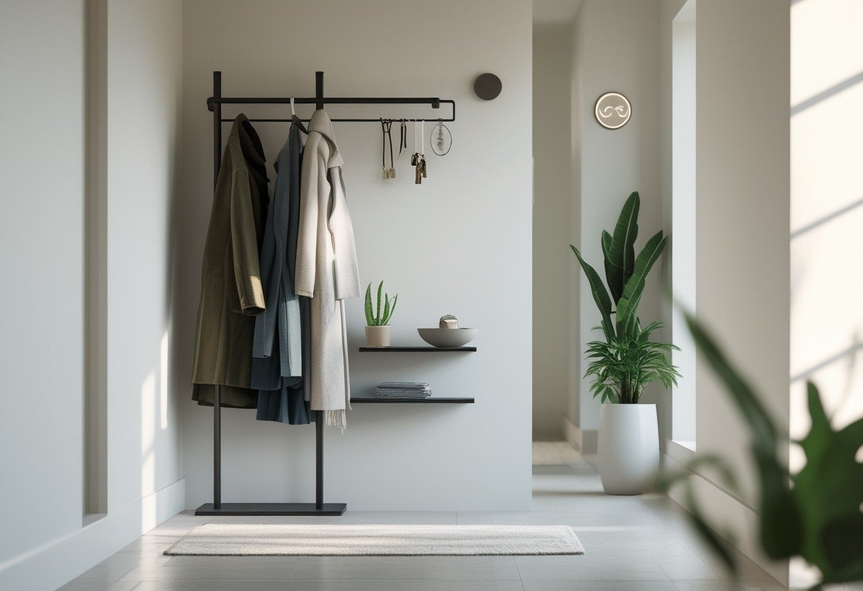 A hallway with a vertical metal coat rack holding coats and scarves, featuring a shelf with a plant, keys, and a bowl, creating an organized entryway.