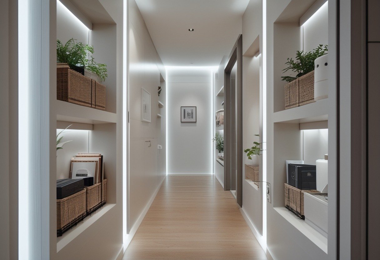 A small hallway with recessed wall niches containing adjustable shelves filled with organized storage items like books, baskets, and plants.