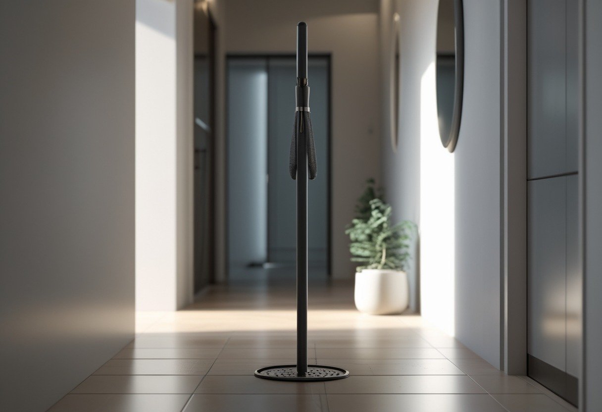 A slim umbrella stand with a drip tray placed in a modern hallway near a wall.