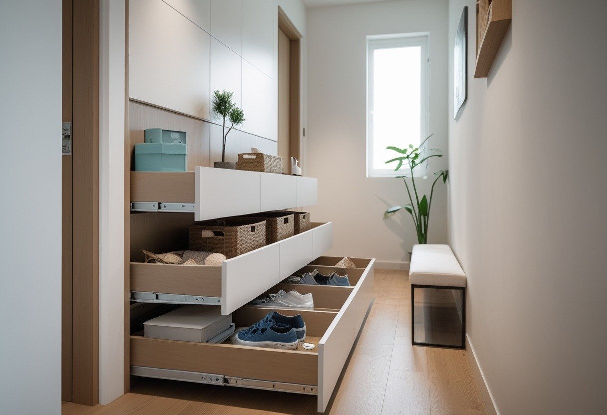 A hallway with under-stair pull-out drawer units partially open, showing organized storage of shoes and household items.