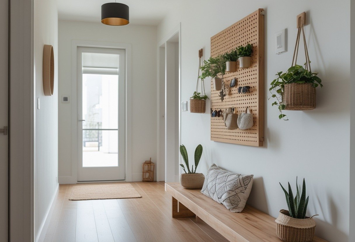 A hallway with a wooden pegboard organizer mounted on the wall holding keys, sunglasses, and small baskets above a bench with cushions.