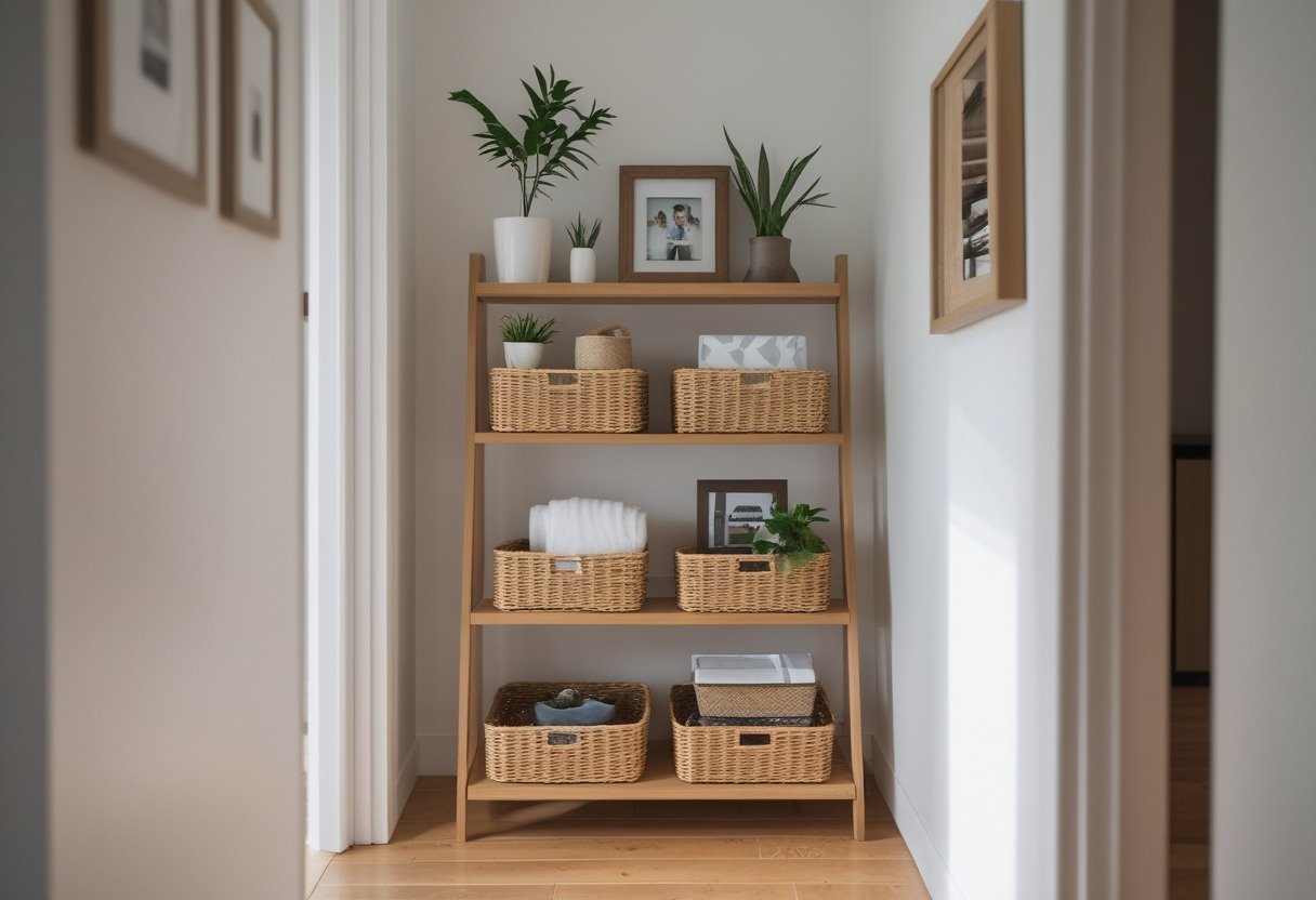 A narrow ladder shelf with baskets and decor placed in a small hallway.
