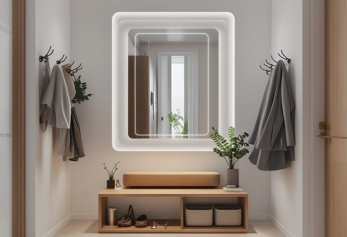 A neat entryway with a wall mirror above a concealed shelf, coat hooks, a storage bench, and small decorative plants.
