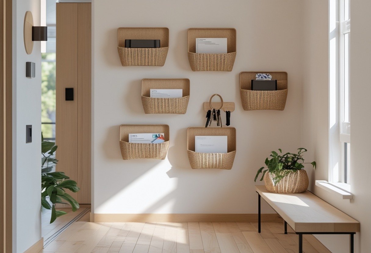 A hallway with floating wall baskets mounted on the wall holding mail and keys, next to a small bench with a plant.