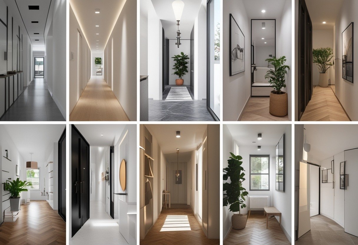 A collection of 15 small narrow hallways, each showing different design ideas with various colors, lighting, flooring, and decorations.