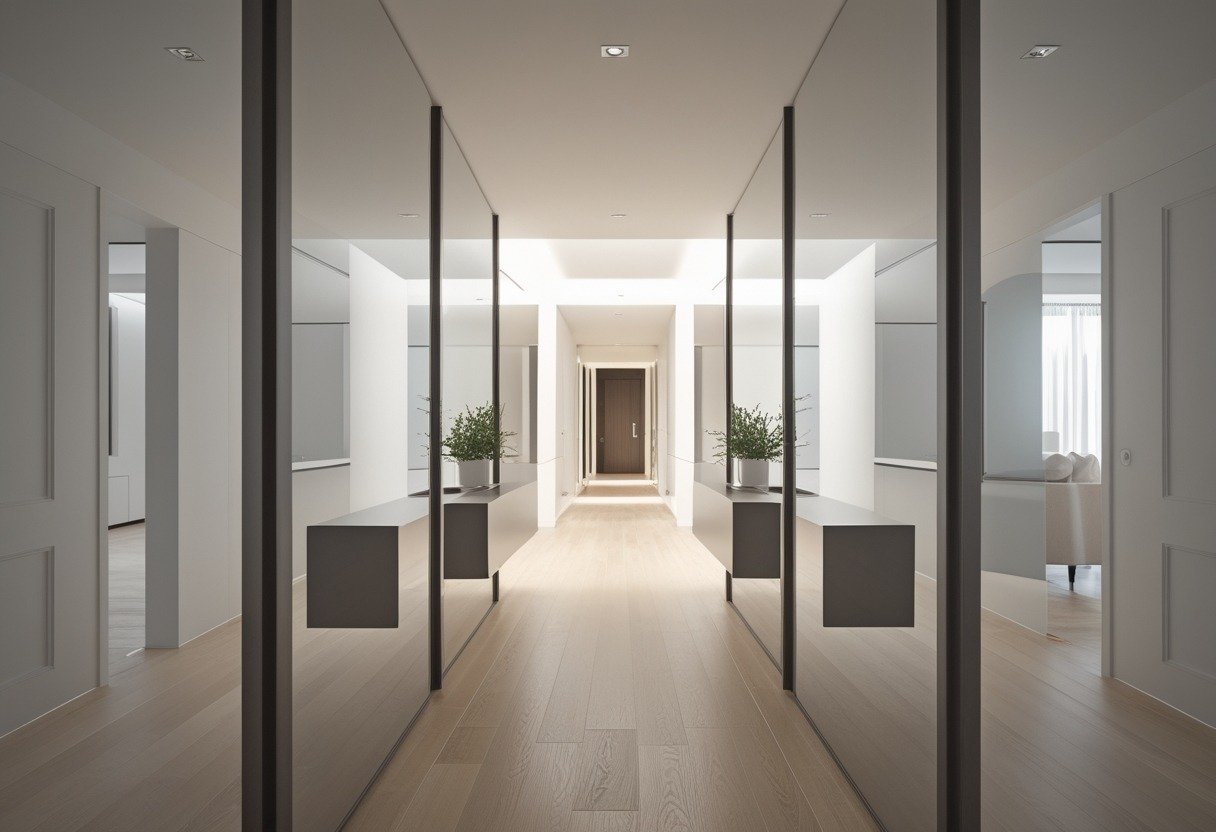 A narrow hallway with full-length mirror panels on one side that reflect the opposite wall, making the corridor appear wider and brighter.