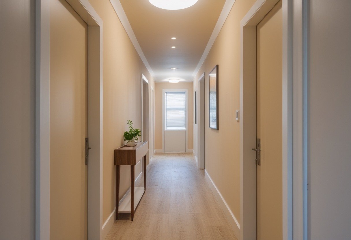 A small narrow hallway with a lighter colored ceiling and darker walls creating a sense of height.