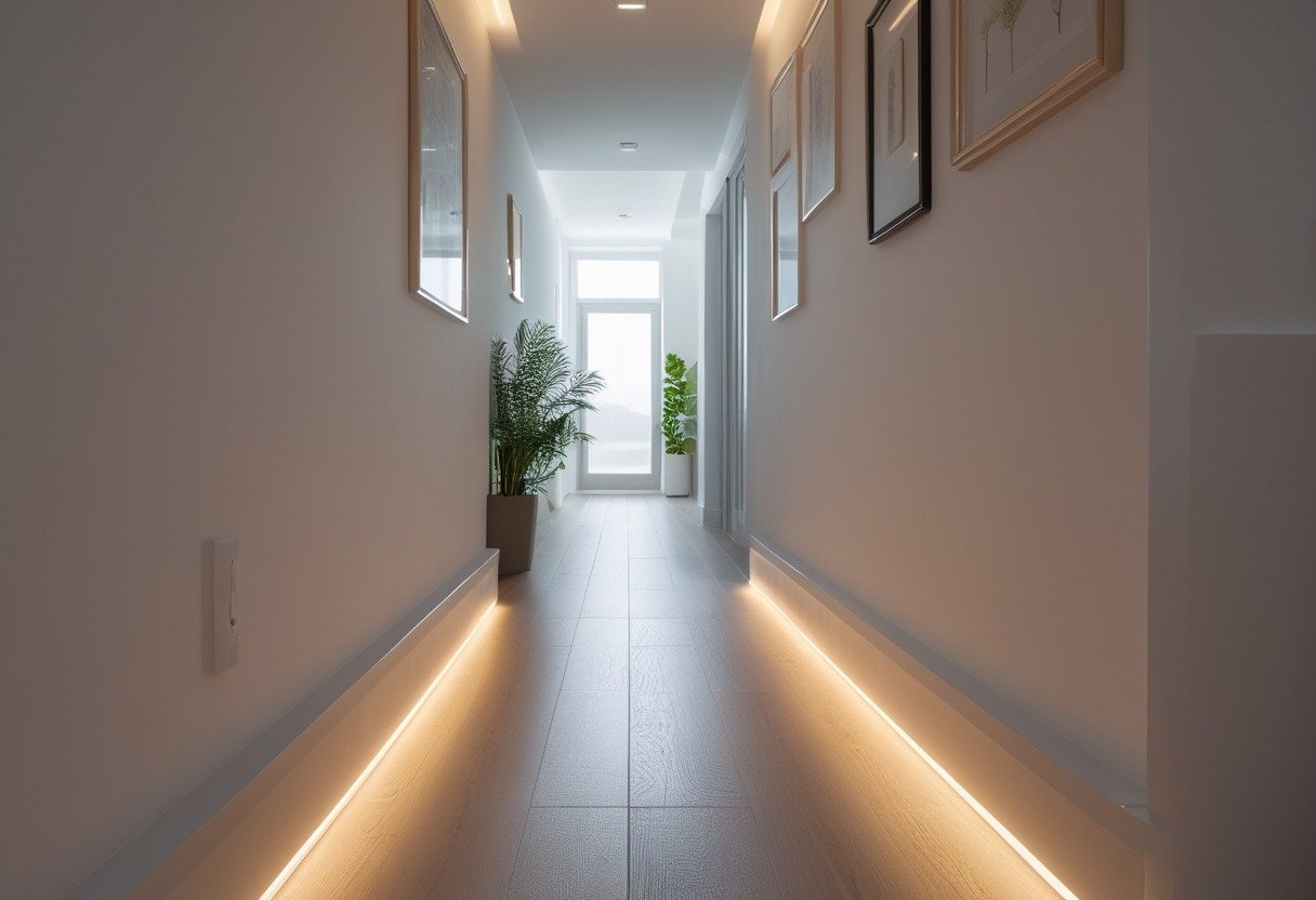 A small narrow hallway with white walls, wooden floor, and warm LED strip lighting along the baseboards.