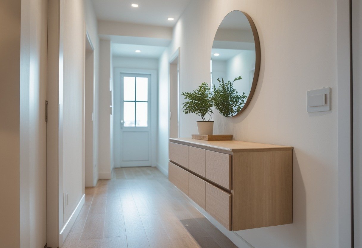 A narrow hallway with a slim floating console attached to the wall, featuring integrated drawers and a small plant on top.