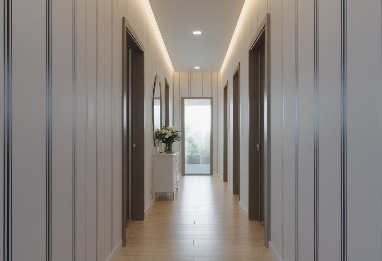 A narrow hallway with vertical striped wallpaper that makes the walls appear taller, featuring a small table with flowers and a wall mirror.