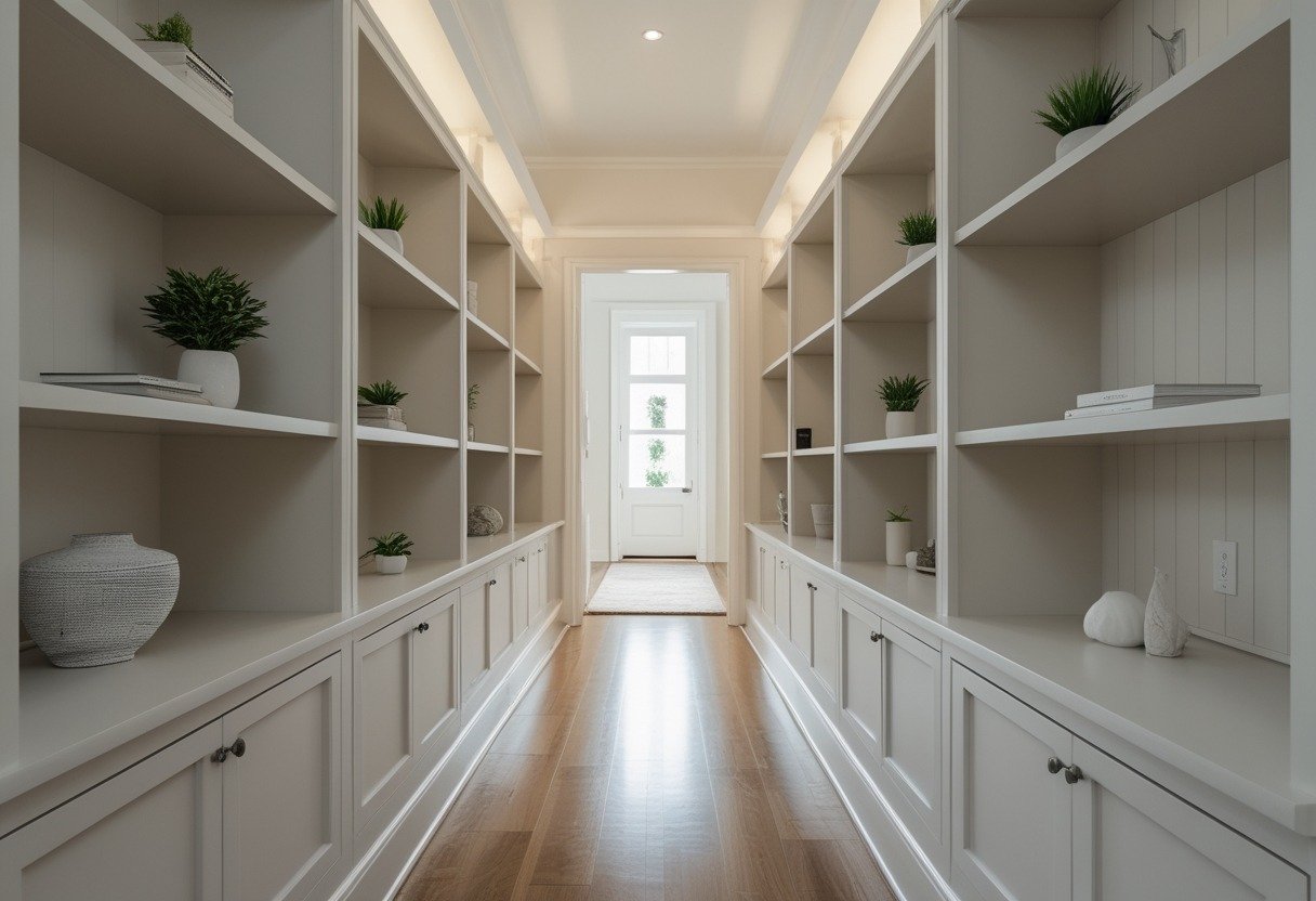 A narrow hallway with built-in floor-to-ceiling cabinetry featuring shallow shelves holding decorative items and books.