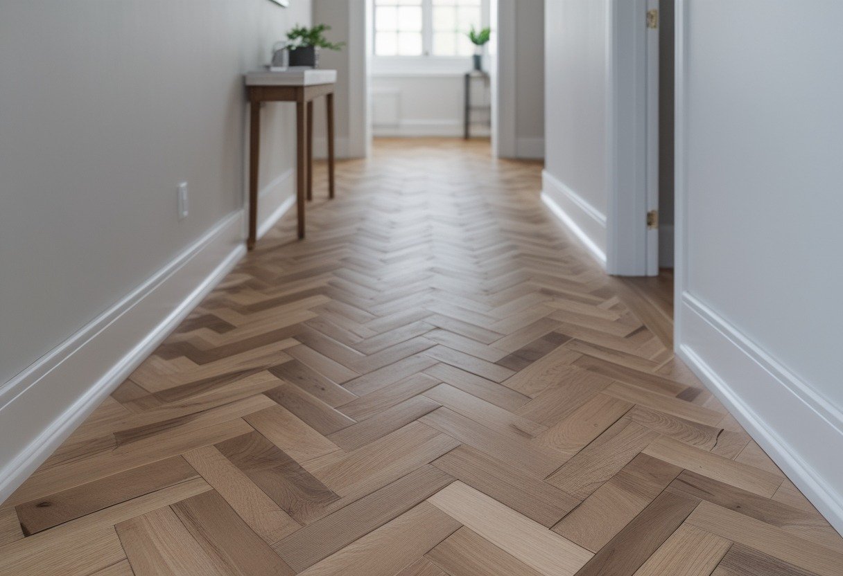 A narrow hallway with chevron patterned wood flooring leading toward a bright doorway at the end.
