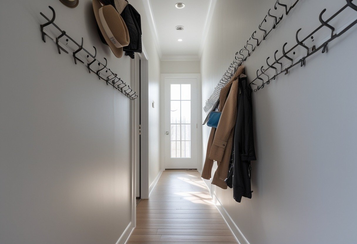 A narrow hallway with a row of wall hooks at different heights holding coats and bags.