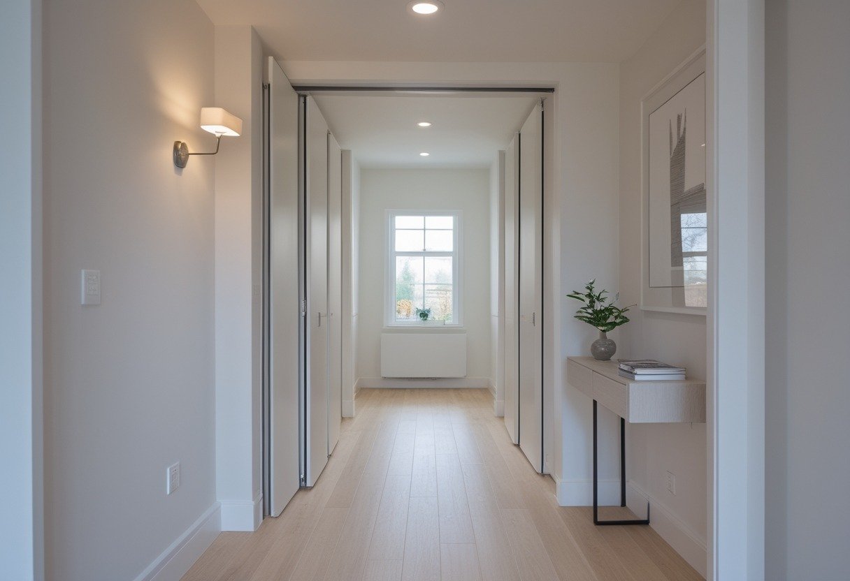 A small narrow hallway with white pocket doors partially open, light wooden flooring, and natural light coming from a window at the end.
