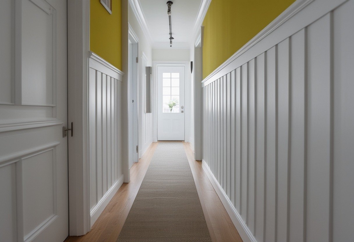 A narrow hallway with white half-height wainscoting and bold colored walls above, wooden floor, and natural light at the end.