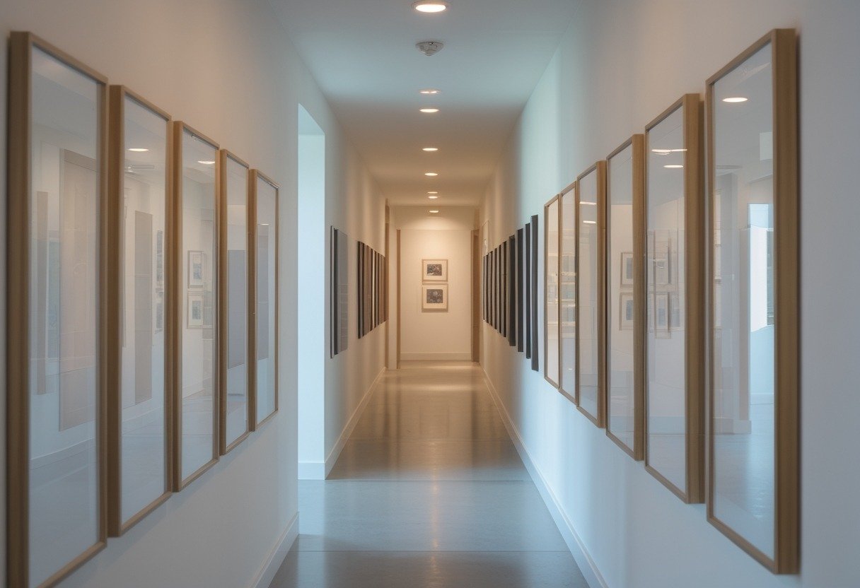 A narrow hallway with slim picture frames arranged in a straight line along the wall.