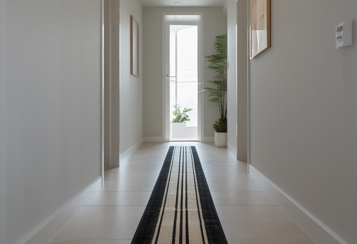 A narrow hallway with a runner rug featuring a central stripe, light walls, and simple decor.