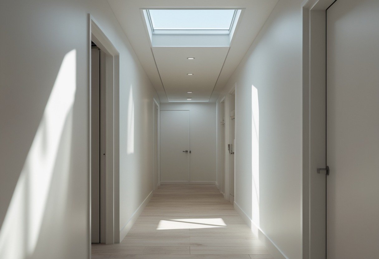 A small narrow hallway illuminated by natural light coming through a skylight or solar tube in the ceiling.