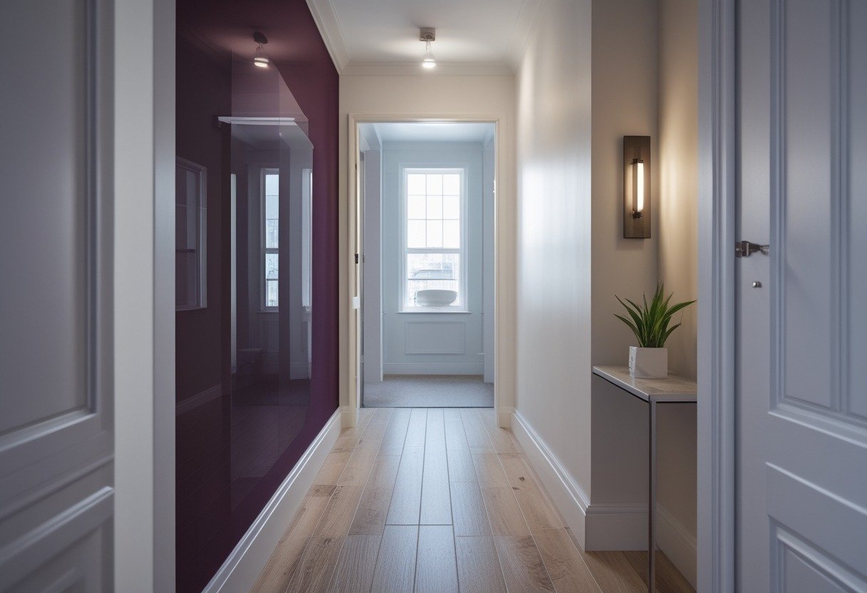 A narrow hallway with one shiny painted accent wall and wooden flooring, illuminated by natural light.