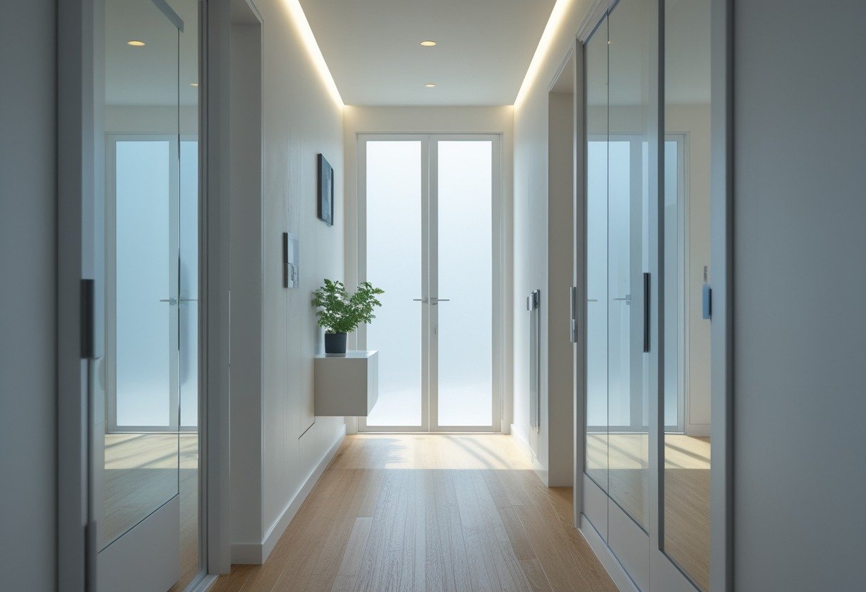 A small narrow hallway with glass-paneled interior doors allowing natural light to brighten the space.