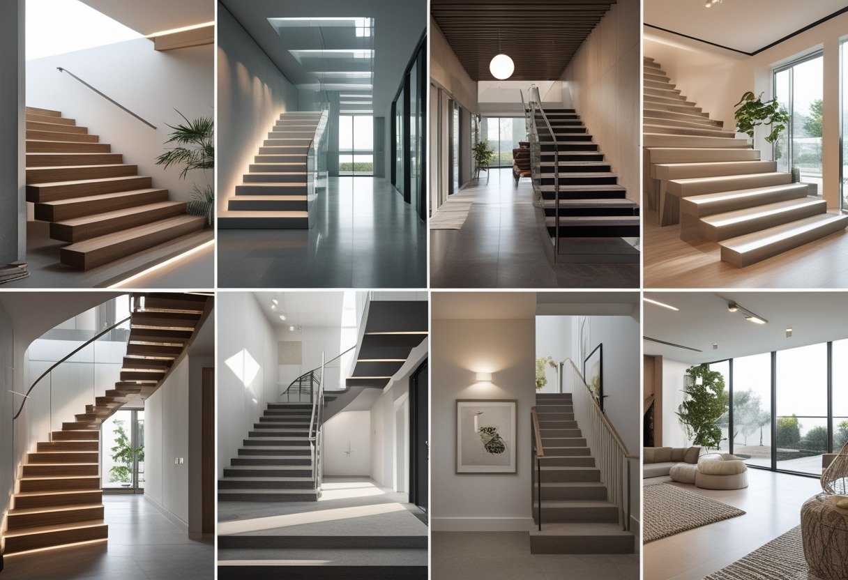 Interior view of a hallway featuring ten different staircase designs with various materials and styles, decorated with plants and artwork.