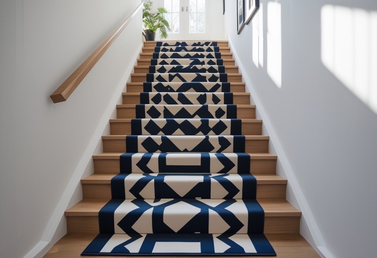 A staircase with a navy and cream geometric patterned runner in a bright hallway with white walls and natural light.