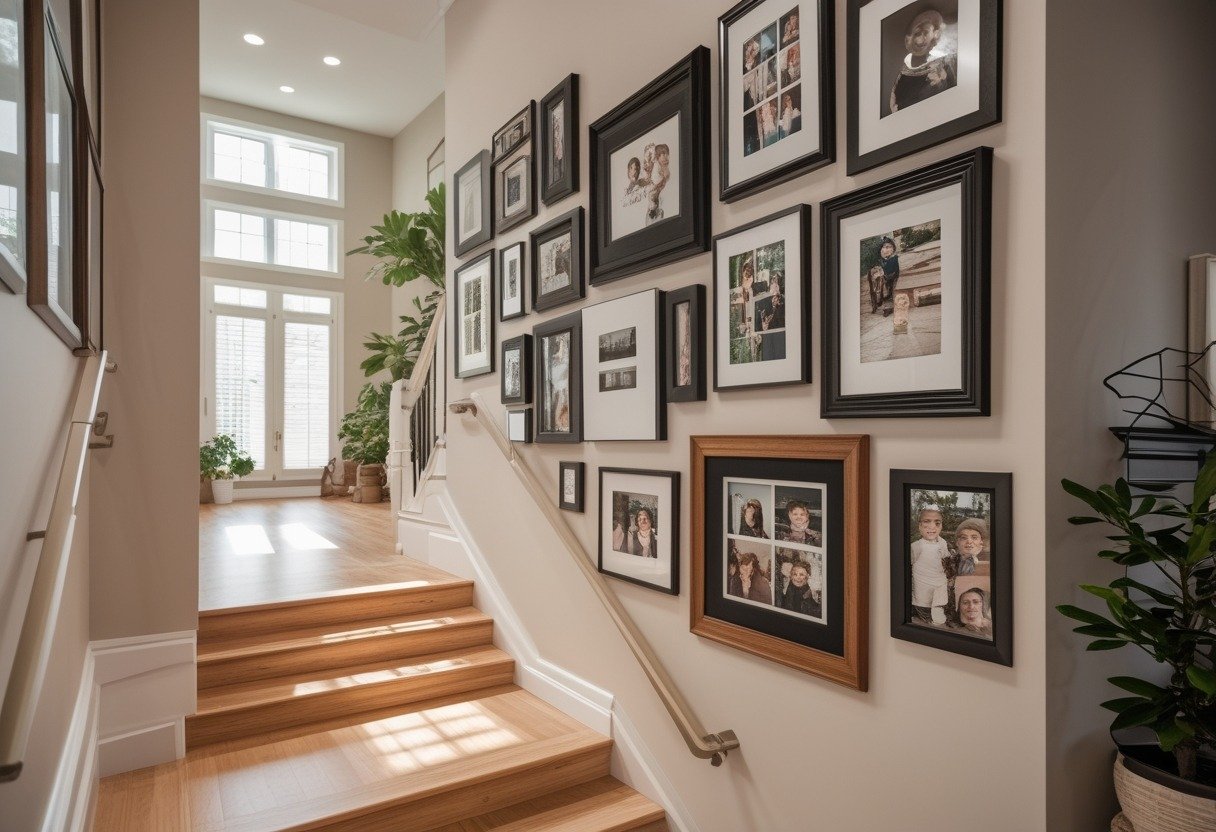 Indoor stairway with a gallery wall of mixed-frame family photos along the stair rise.