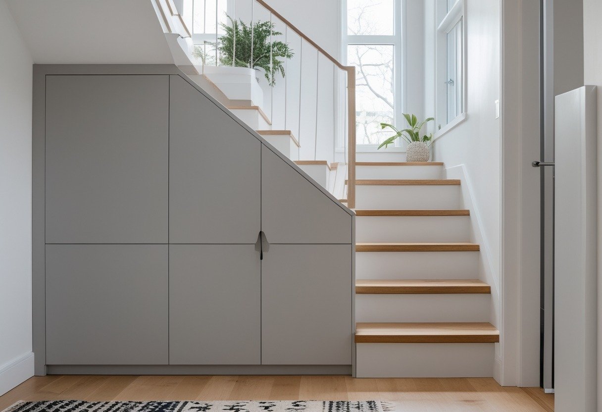 Hallway with built-in storage cabinets under a staircase featuring push-to-open doors.