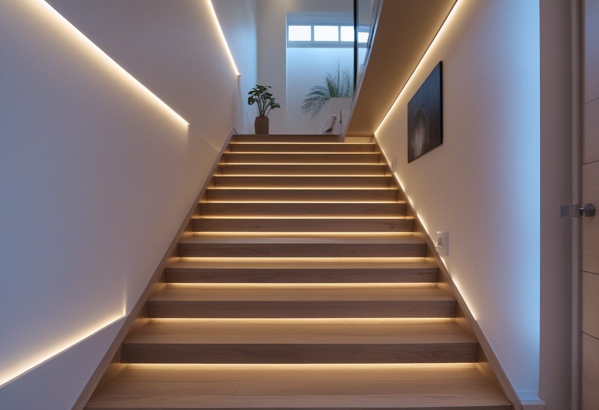 A hallway with a modern staircase featuring recessed LED strip lighting along the stair edges, illuminating the wooden steps.
